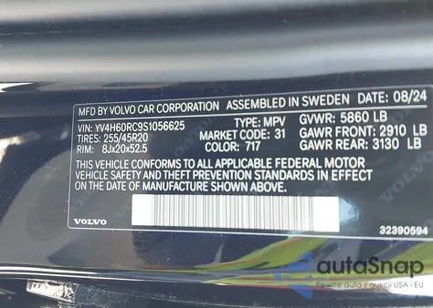 2025 Volvo Xc60 Plug-In Hybrid T8 Plus z USA, uszkodzony, nr VIN YV4H60RC9S1056625